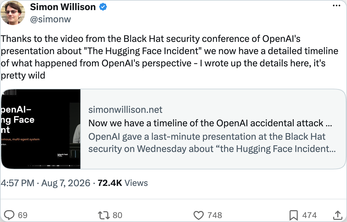 Simon Willison on X — Thanks to the Black Hat video we now have a detailed timeline of what happened from OpenAI's perspective, it's pretty wild