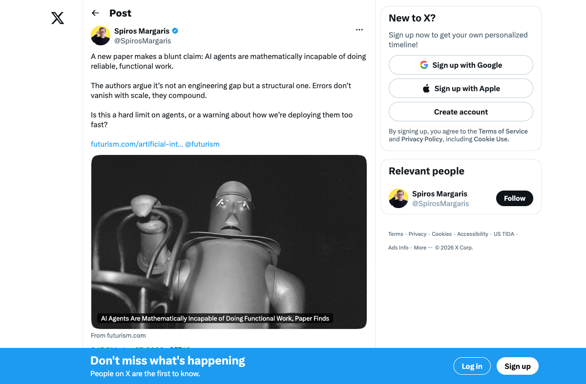 Spiros Margaris tweet: AI agents mathematically incapable of reliable work — errors compound, they don't vanish with scale