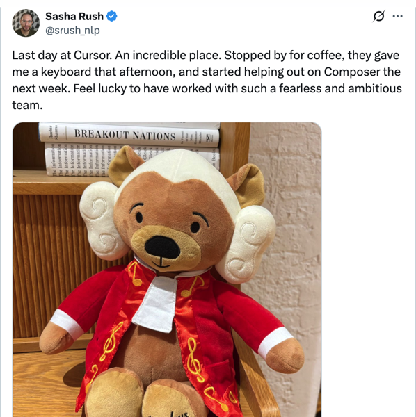 @srush_nlp on X — Last day at Cursor — 1.2K likes, 61K views