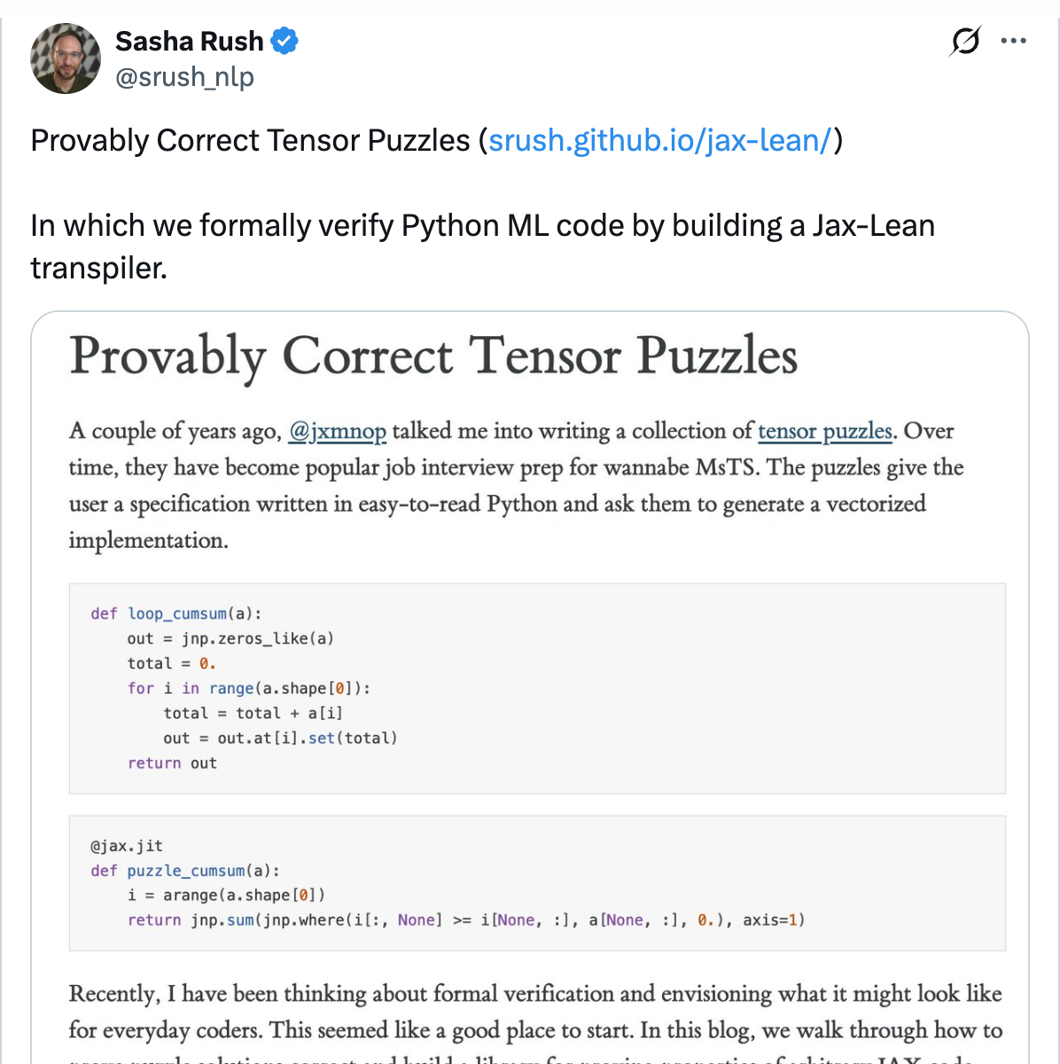 @srush_nlp tweet announcing Provably Correct Tensor Puzzles — a Jax-to-Lean transpiler for formally verifying Python ML code