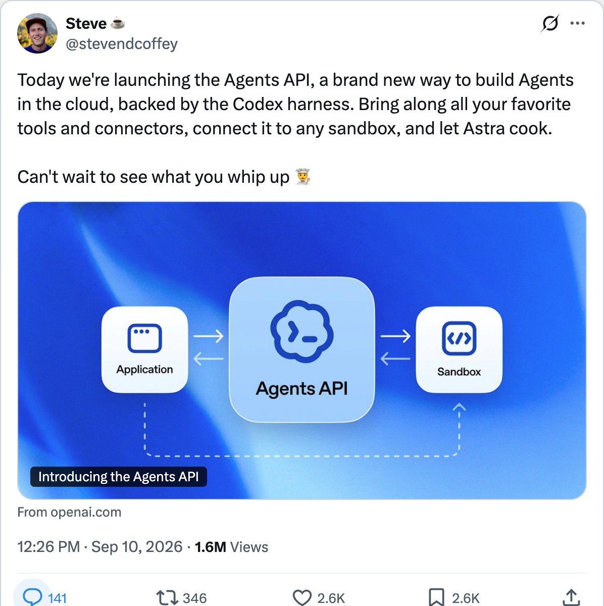 Steve Coffey on X — Today we're launching the Agents API, a brand new way to build Agents in the cloud, backed by the Codex harness.