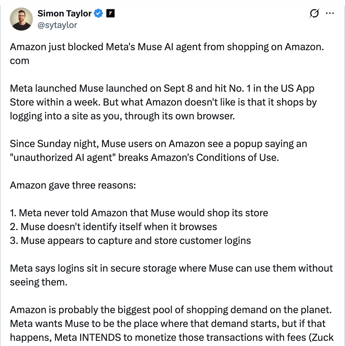 Simon Taylor on X — Amazon just blocked Meta's Muse AI agent from shopping on its platform