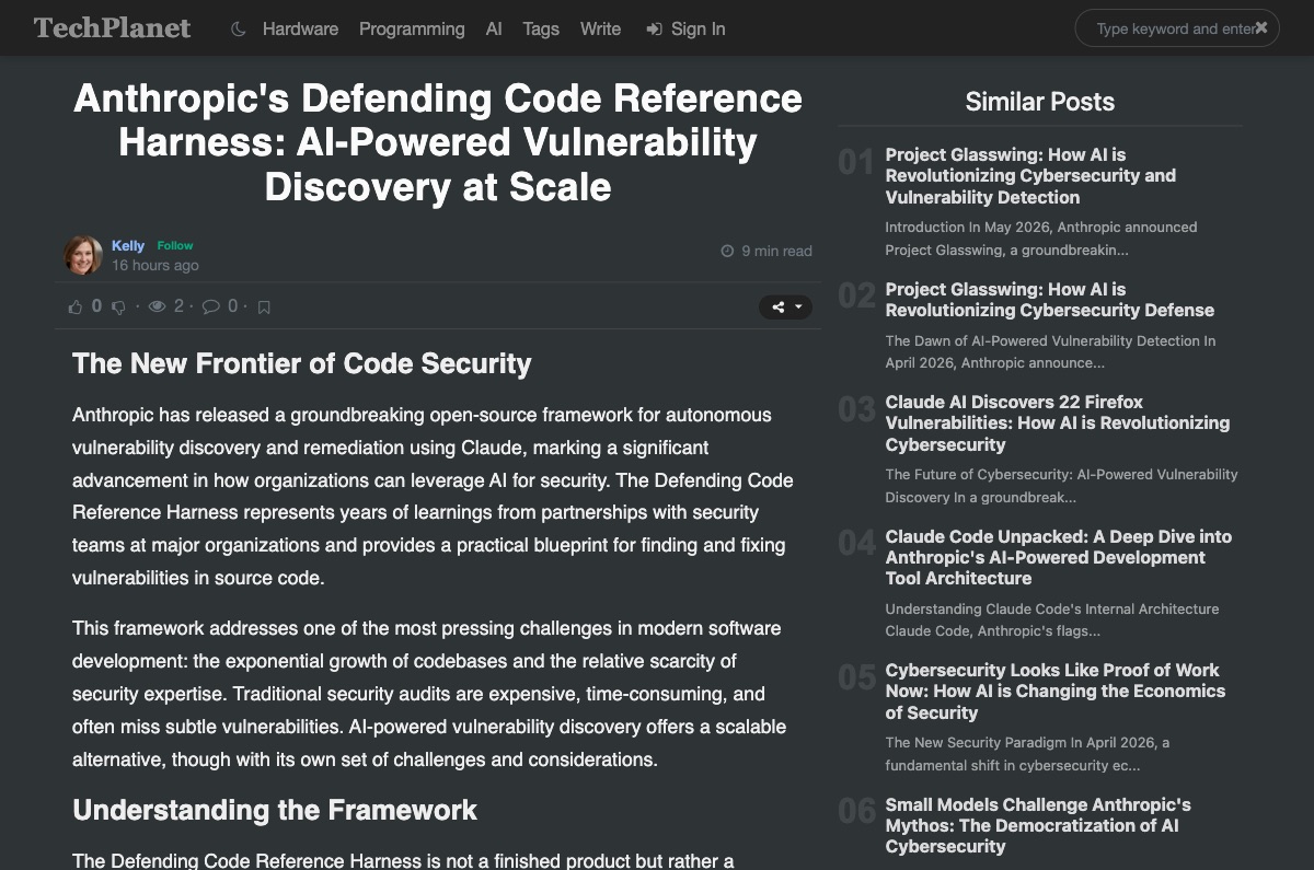 TechPlanet — Anthropic's Defending Code Reference Harness: AI-Powered Vulnerability Discovery at Scale, detailed analysis of the multi-agent verification pipeline