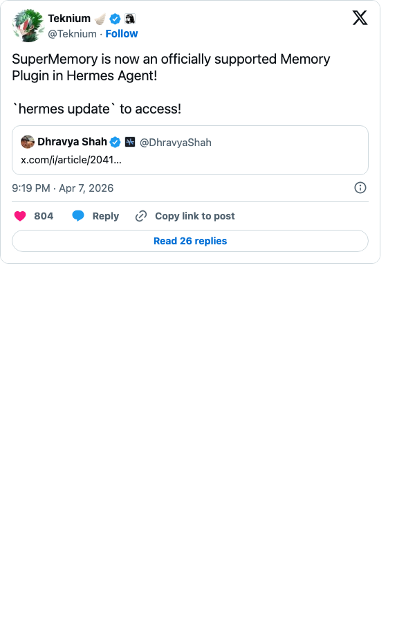 Teknium tweet — SuperMemory is now an officially supported Memory Plugin in Hermes Agent