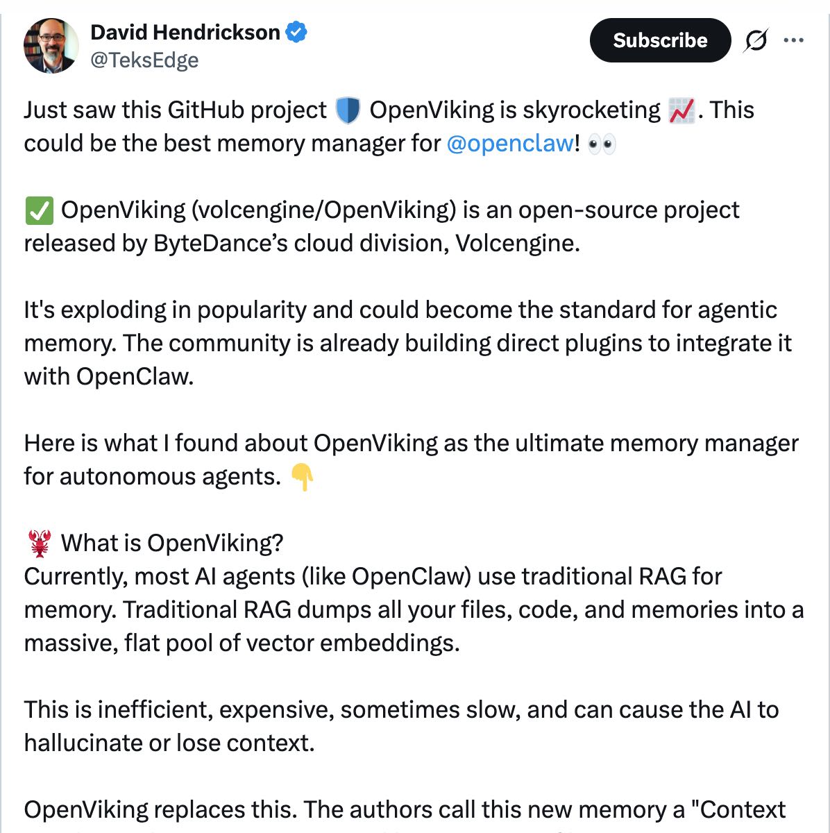@TeksEdge on X — OpenViking is skyrocketing. This could be the best memory manager.