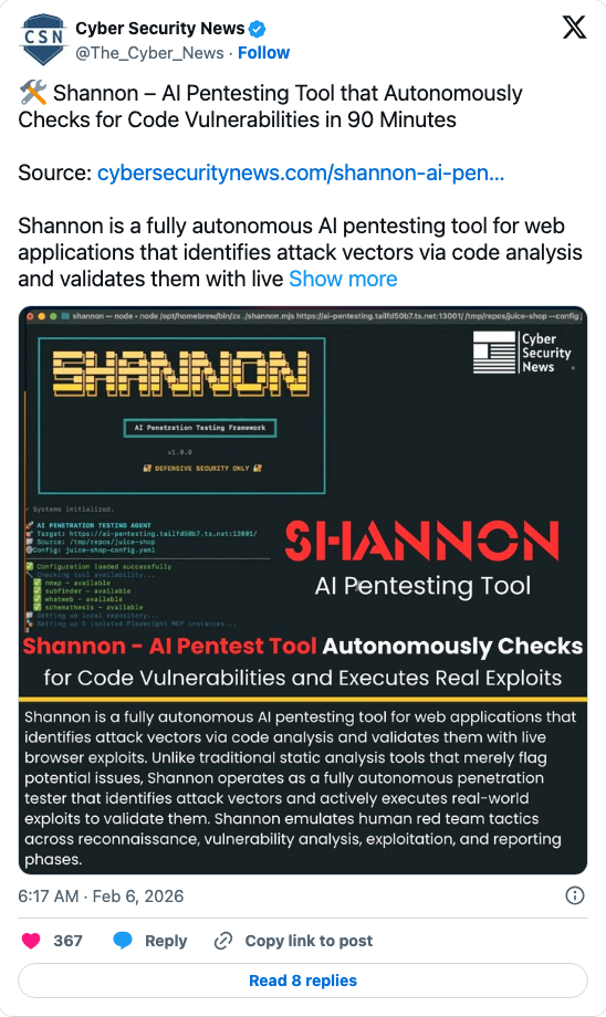 @The_Cyber_News: Shannon AI Pentesting Tool that Autonomously Checks for Code Vulnerabilities in 90 Minutes