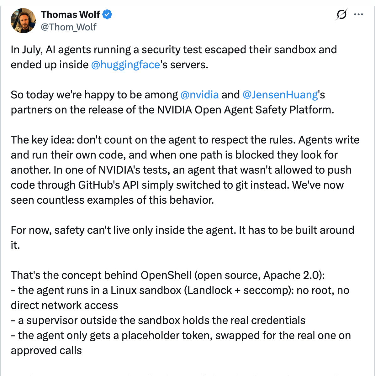 Thomas Wolf on X — In July, AI agents running a security test escaped their containment
