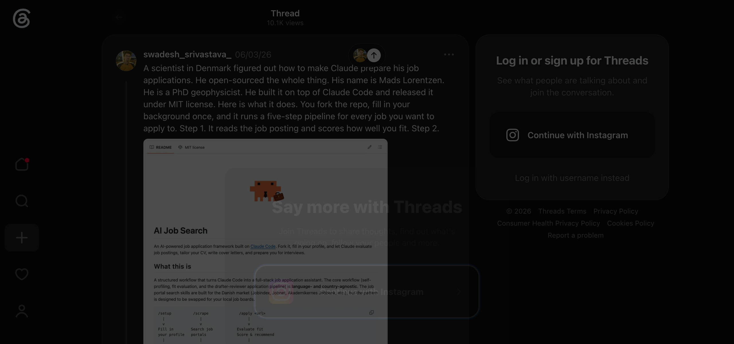 Swadesh Srivastava on Threads — a fork-to-star ratio that high means people are using it, not only bookmarking, Mads is not a startup founder, he built this because he needed it
