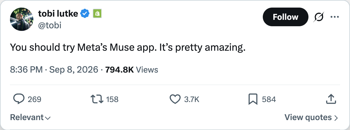 Tobi Lutke tweet endorsing Meta Muse app