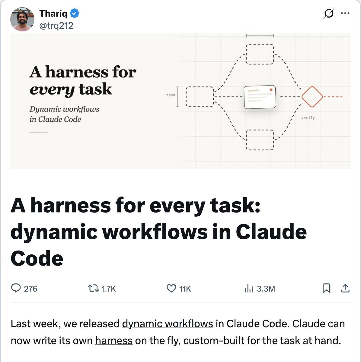 @trq212 explaining the harness concept behind Claude dynamic workflows — Claude builds a task-specific orchestration structure rather than working within a fixed framework