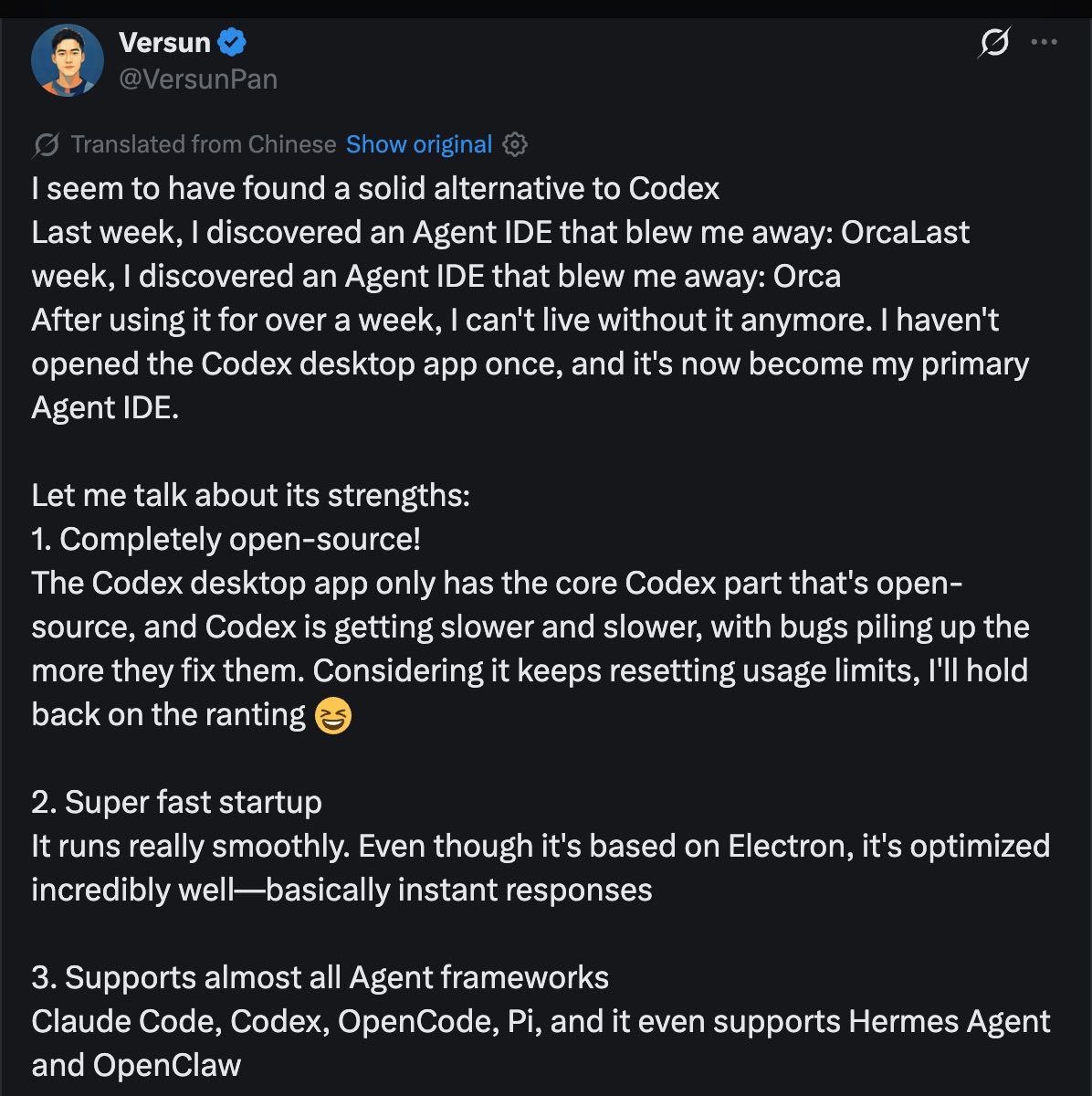 Versun on X — replaced Codex desktop with Orca after one week of use