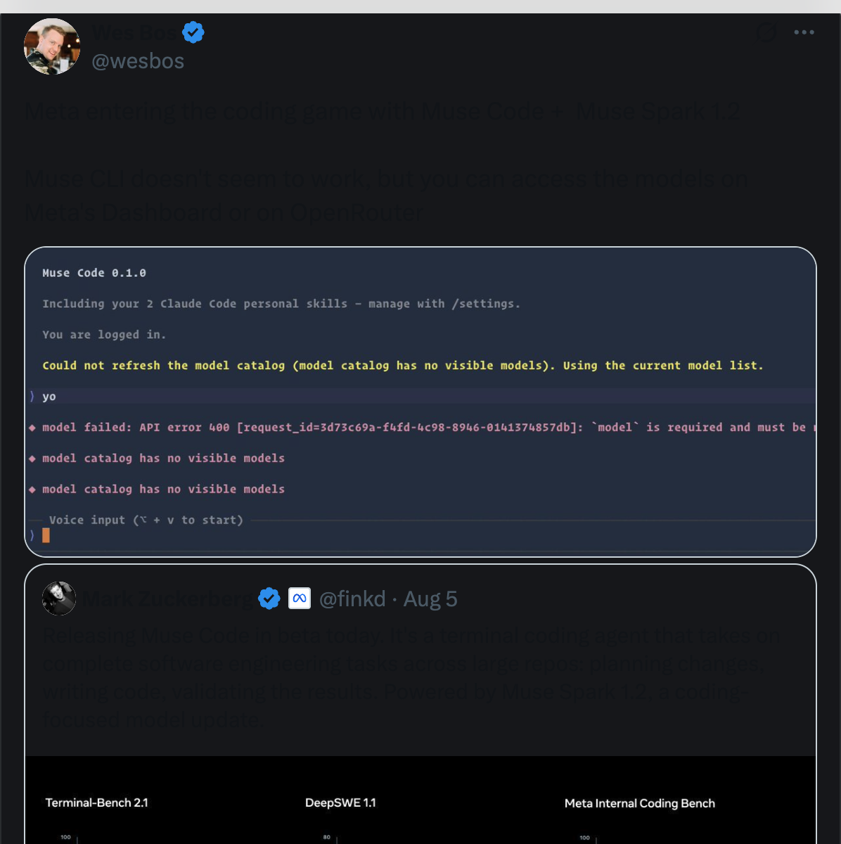 Wes Bos — Meta entering the coding game with Muse Code plus Muse Spark 1.2, noting CLI issues on first try