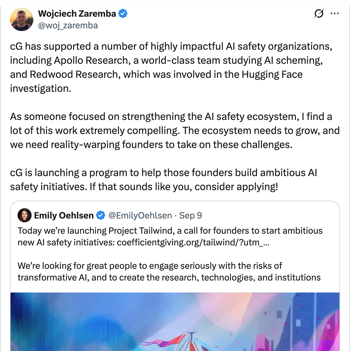 Wojciech Zaremba on X — cG has supported highly impactful AI safety organizations, including Apollo Research studying AI scheming, and Redwood Research involved in the Hugging Face investigation