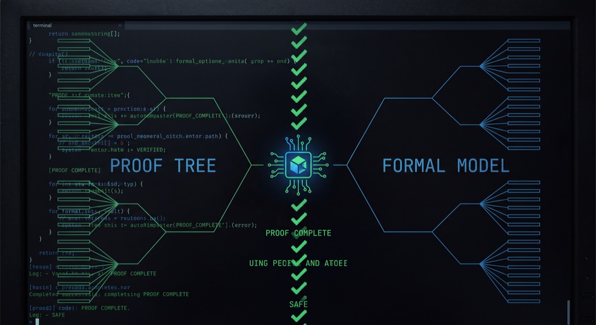 Lean proof-checking verification pipeline with green checkmarks flowing through trust gates on a dark terminal background