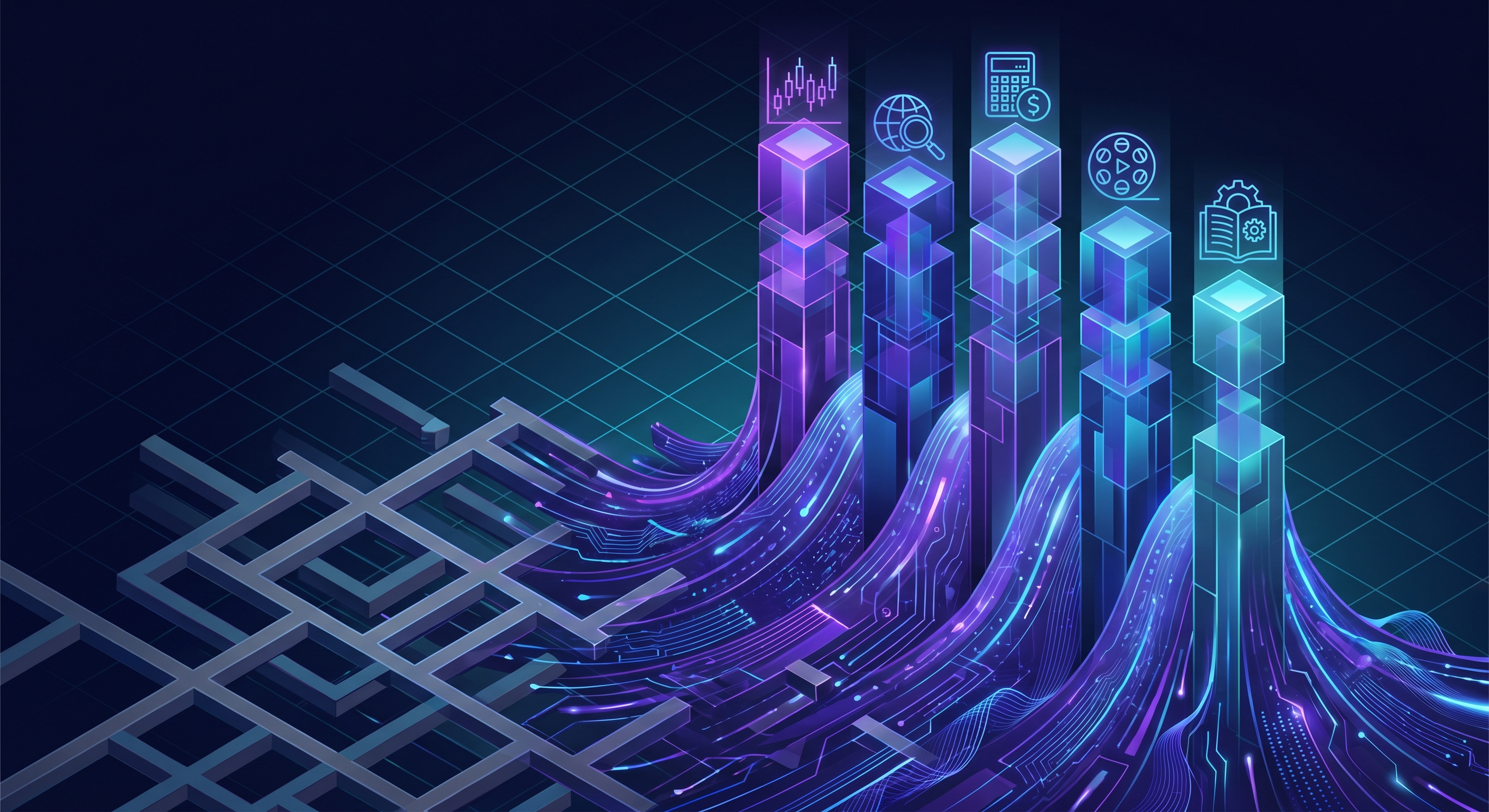 Five vertical agent pillars — finance, OSINT, accounting, video, deep research — towering over a flattened horizontal framework grid