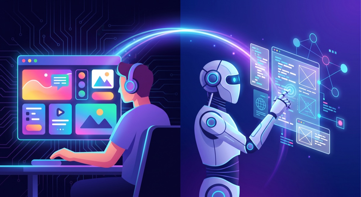 Website interface splitting into two views — human browsing on the left, AI agent seeing structured tools on the right, connected by a glowing WebMCP bridge