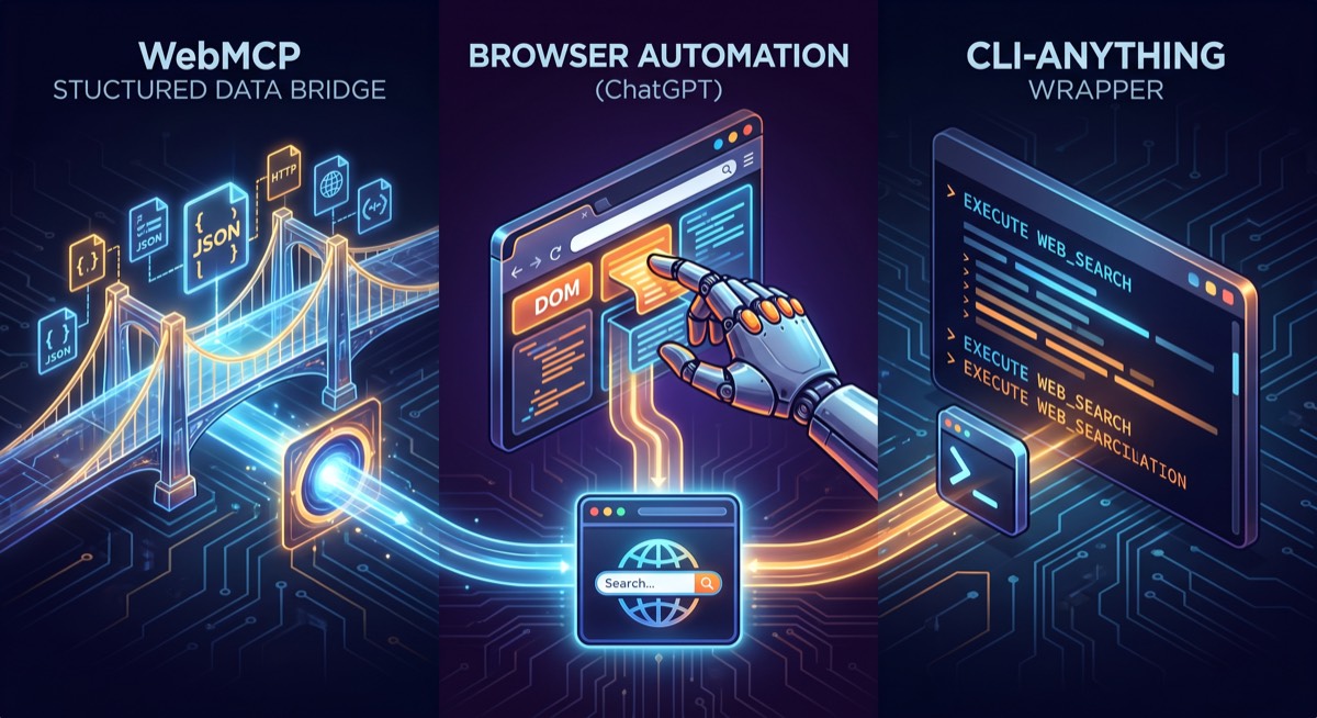 Three competing paths for agent-web interaction — structured protocol bridge, DOM scraping robotic hand, and CLI terminal — converging on a browser