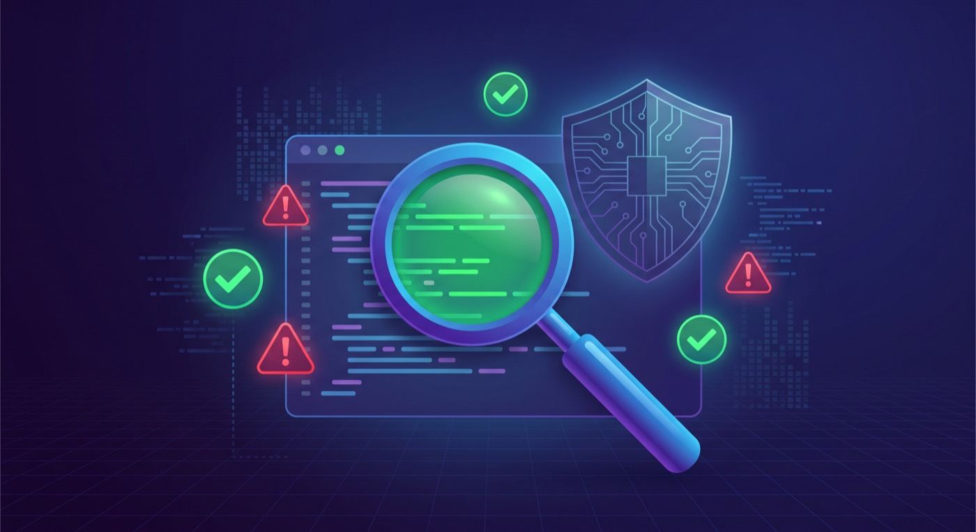 Editorial illustration of a magnifying glass scanning code with security verification badges — representing the emerging agent security review category