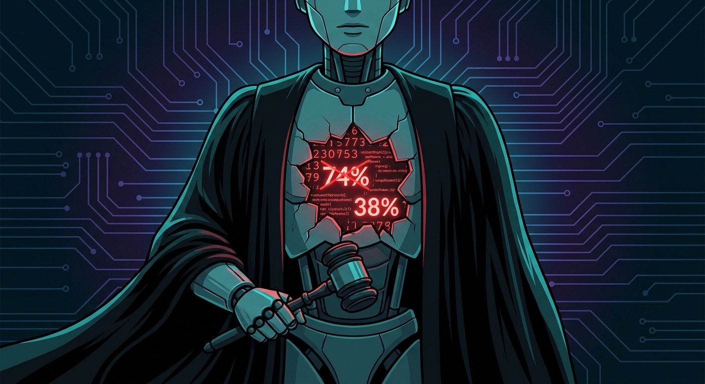 Editorial illustration of a confident AI judge robot with a cracked gavel revealing broken numbers underneath, representing unreliable agent evaluation scores